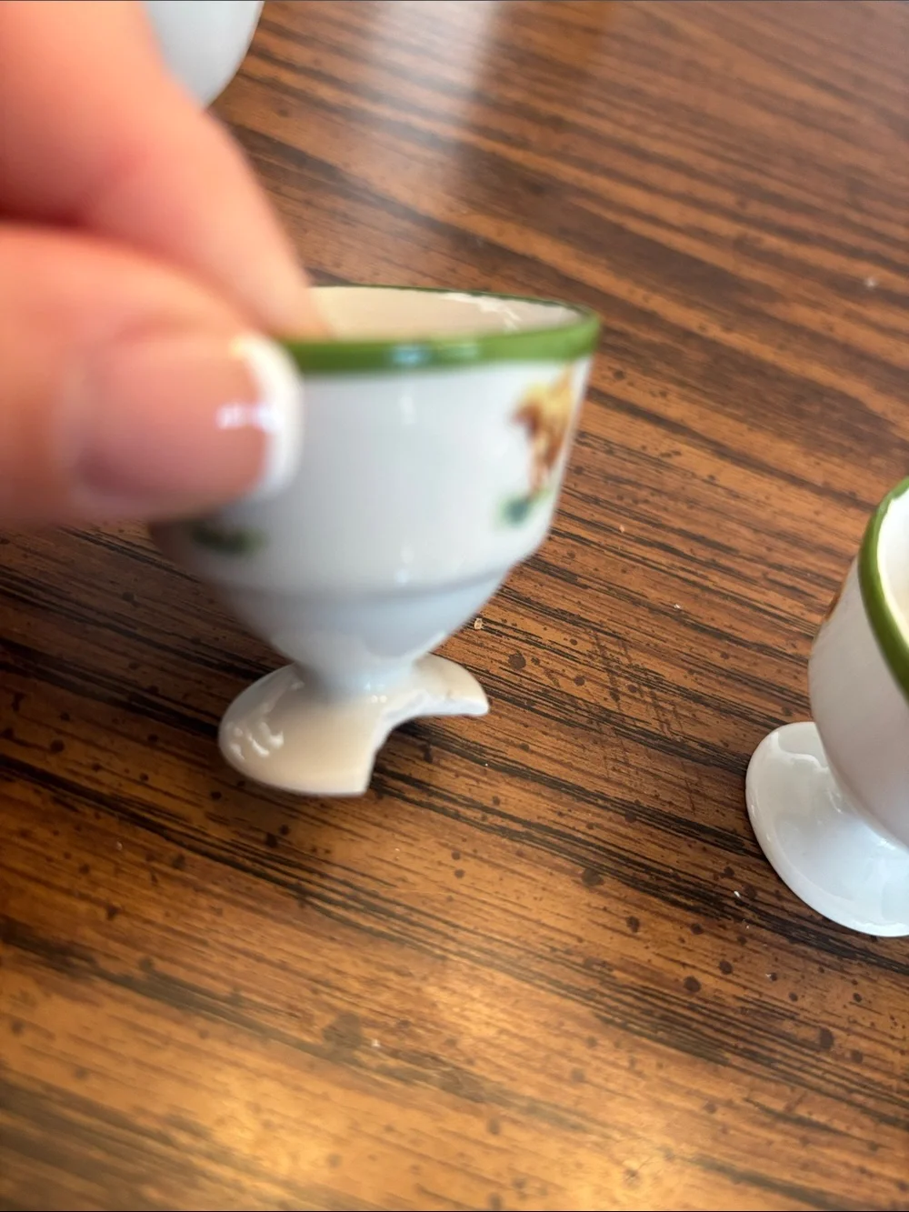 Ceramic Egg Cup Set with Green Trim and Rooster Motif